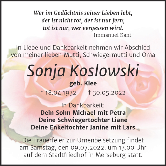 Traueranzeige von Sonja Koslowski von Trauerkombi Merseburg