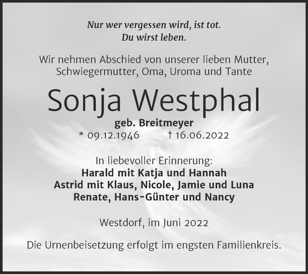  Traueranzeige für Sonja Westphal vom 25.06.2022 aus Trauerkombi Aschersleben