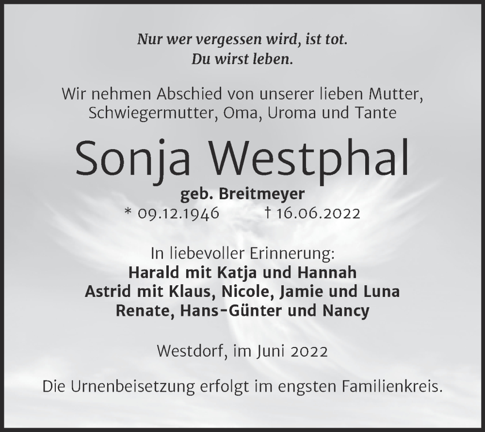  Traueranzeige für Sonja Westphal vom 22.06.2022 aus Trauerkombi Aschersleben