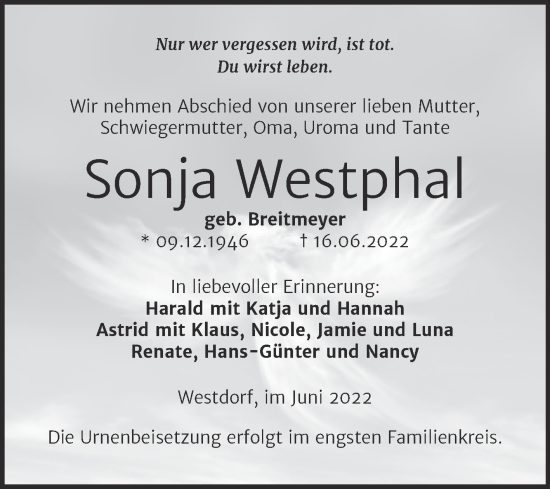 Traueranzeige von Sonja Westphal von Trauerkombi Aschersleben