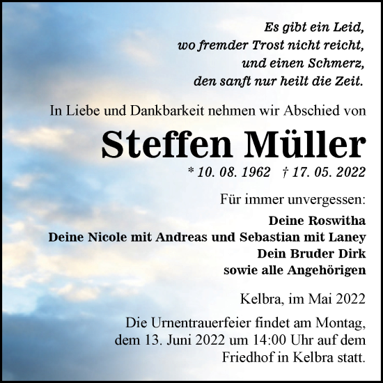 Traueranzeige von Steffen Müller von Trauerkombi Sangerhausen