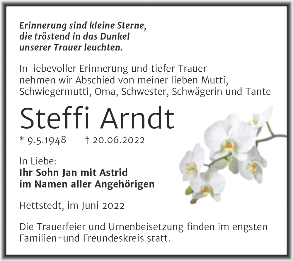  Traueranzeige für Steffi Arndt vom 28.06.2022 aus Trauerkombi Mansfelder Land