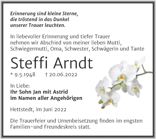 Traueranzeige von Steffi Arndt von Trauerkombi Mansfelder Land