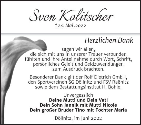 Traueranzeige von Sven Kolitscher von Trauerkombi Merseburg