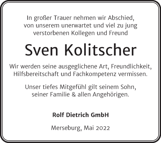 Traueranzeige von Sven Kolitscher von Super Sonntag Merseburg/Querfurt