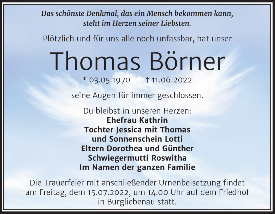 Traueranzeige von Thomas Börner von Trauerkombi Merseburg