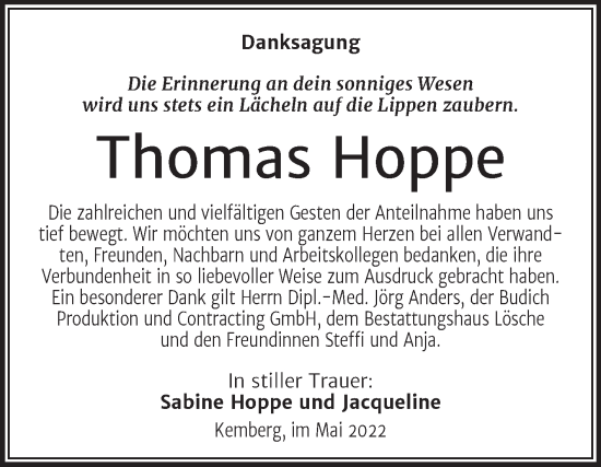 Traueranzeige von Thomas Hoppe von Trauerkombi Wittenberg