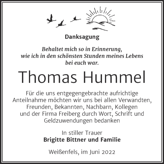 Traueranzeige von Thomas Hummel von Trauerkombi Weißenfels
