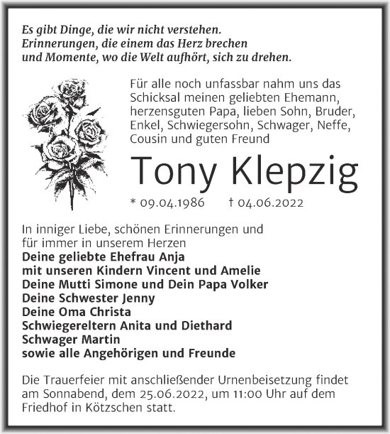Traueranzeige von Tony Klepzig von Trauerkombi Merseburg