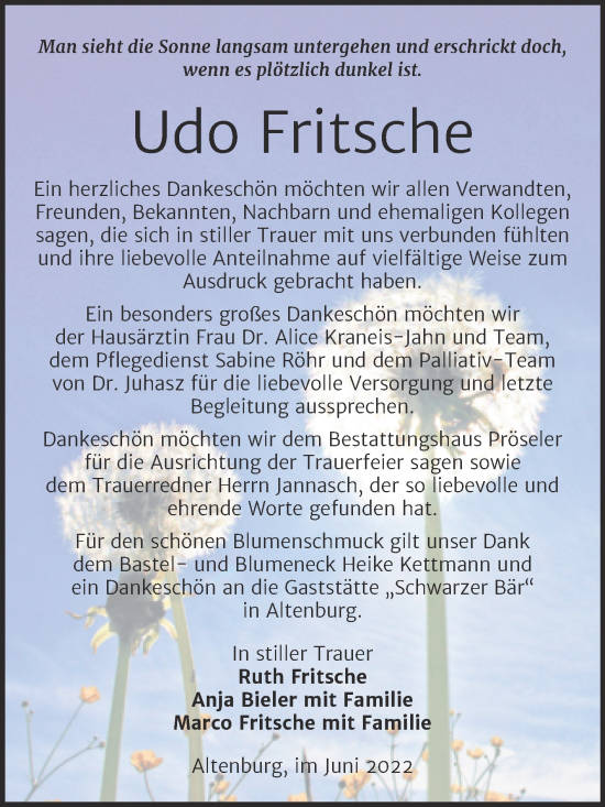 Traueranzeige von Udo Fritsche von Trauerkombi Bernburg