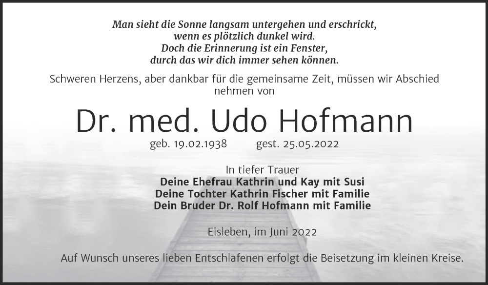 Traueranzeige für Udo Hofmann vom 11.06.2022 aus Trauerkombi Mansfelder Land
