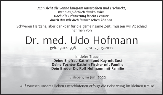 Traueranzeige von Udo Hofmann von Trauerkombi Mansfelder Land