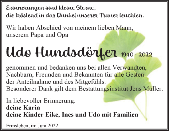 Traueranzeige von Udo Hundsdörfer von Trauerkombi Quedlinburg