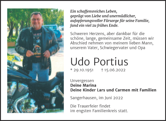 Traueranzeige von Udo Portius von Trauerkombi Sangerhausen