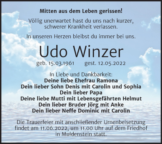 Traueranzeige von Udo Winzer von Trauerkombi Bitterfeld