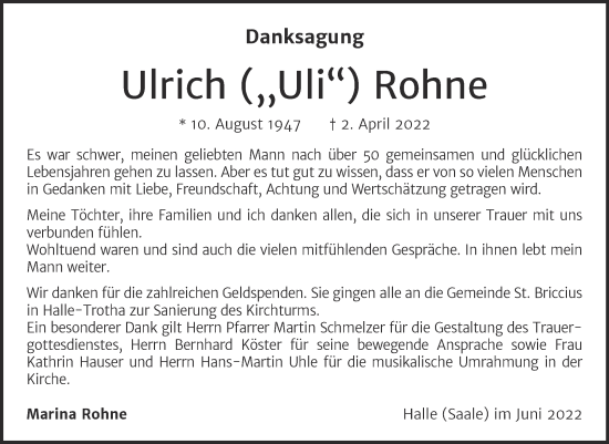 Traueranzeige von Ulrich Rohne von Mitteldeutsche Zeitung Halle/Saalkreis