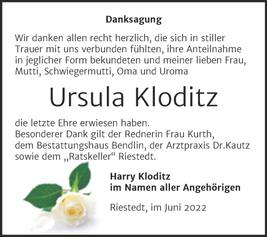 Traueranzeige von Ursula Kloditz von Trauerkombi Sangerhausen