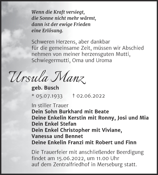 Traueranzeige von Ursula Manz von Trauerkombi Merseburg