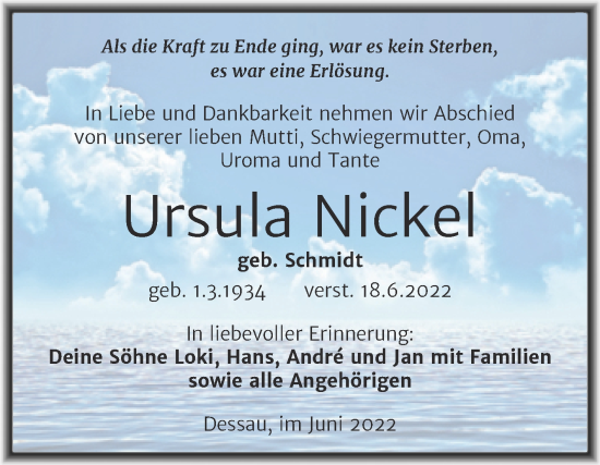 Traueranzeige von Ursula Nickel von Trauerkombi Dessau