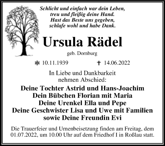 Traueranzeige von Ursula Rädel von Trauerkombi Dessau