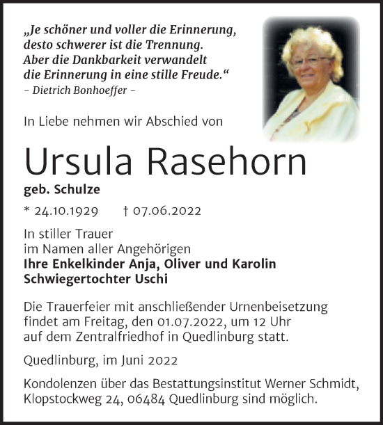 Traueranzeige von Ursula Rasehorn von Trauerkombi Quedlinburg