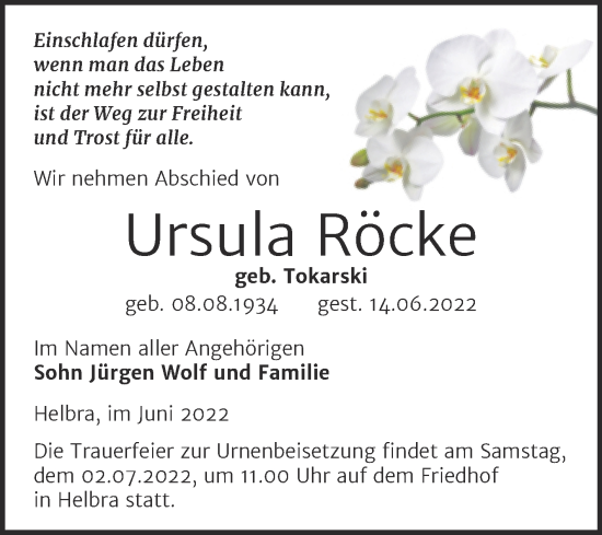 Traueranzeige von Ursula Röcke von Trauerkombi Mansfelder Land