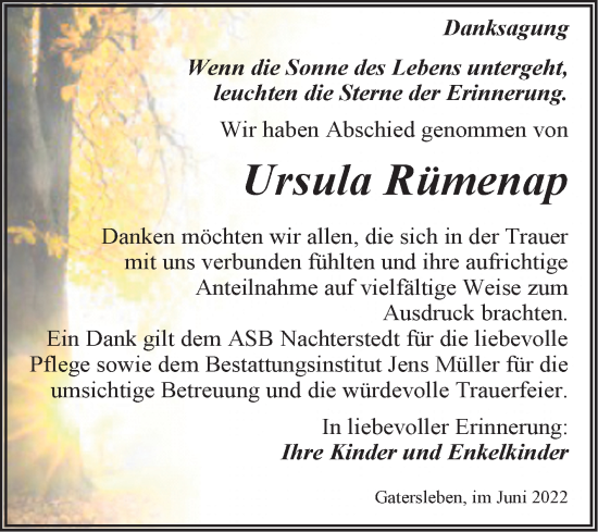Traueranzeige von Ursula Rümenap von Trauerkombi Aschersleben