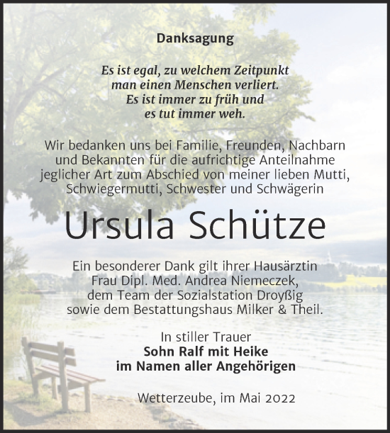 Traueranzeige von Ursula Schütze von Trauerkombi Zeitz
