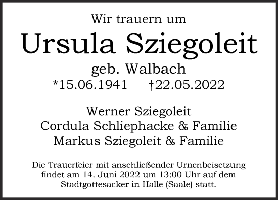 Traueranzeige von Ursula Sziegoleit von Mitteldeutsche Zeitung Halle/Saalkreis