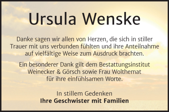 Traueranzeige von Ursula Wenske von Trauerkombi Bernburg
