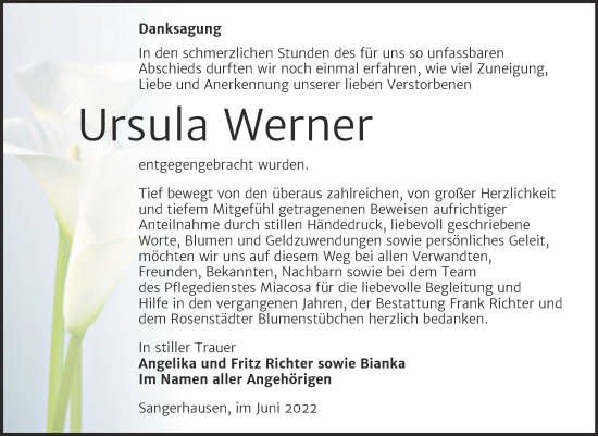 Traueranzeige von Ursula Werner von Trauerkombi Sangerhausen