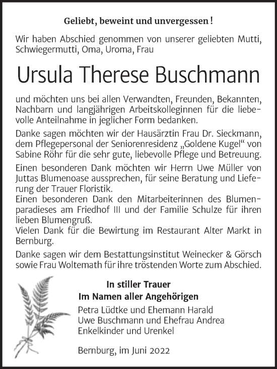 Traueranzeige von Ursula Therese Buschmann von Trauerkombi Bernburg