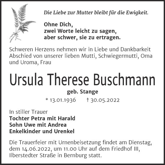 Traueranzeige von Ursula Therese Buschmann von Trauerkombi Bernburg