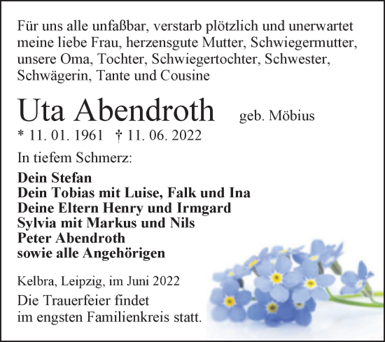 Traueranzeige von Uta Abendroth von Trauerkombi Sangerhausen