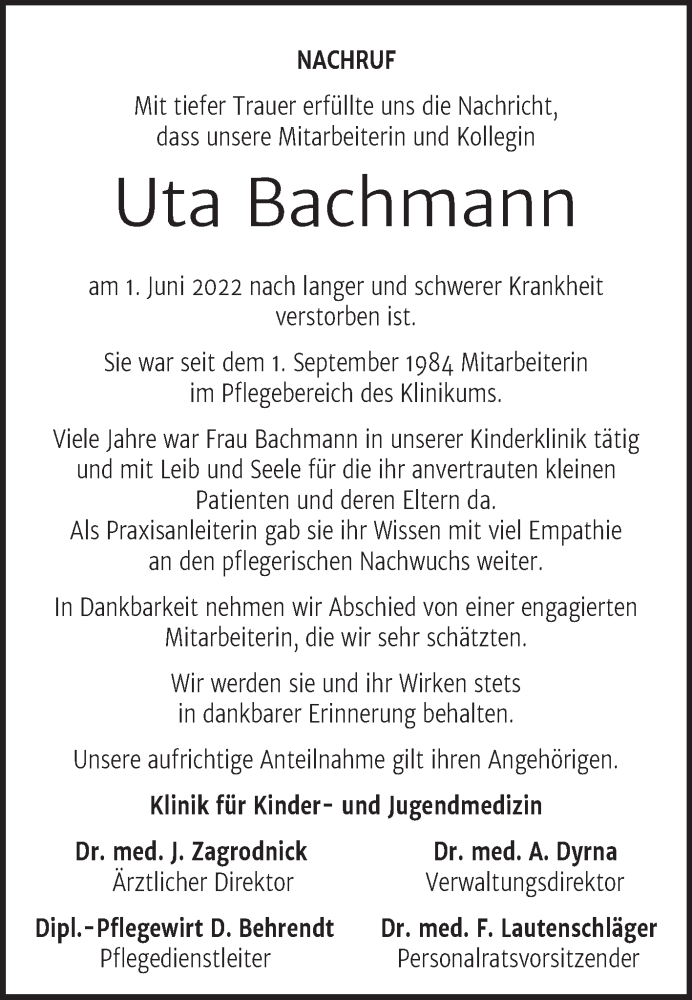  Traueranzeige für Uta Bachmann vom 04.06.2022 aus Mitteldeutsche Zeitung Dessau-Roßlau