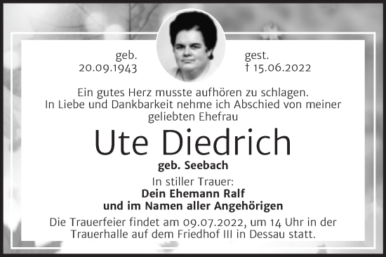 Traueranzeige von Ute Diedrich von Trauerkombi Dessau