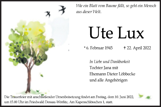 Traueranzeige von Ute Lux von Mitteldeutsche Zeitung Dessau-Roßlau
