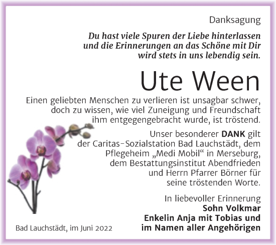 Traueranzeige von Ute Ween von Trauerkombi Merseburg