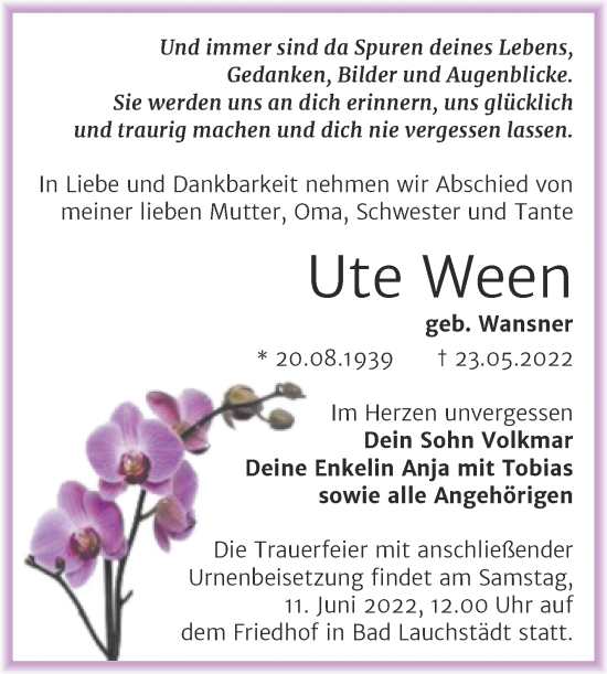 Traueranzeige von Ute Ween von Trauerkombi Merseburg