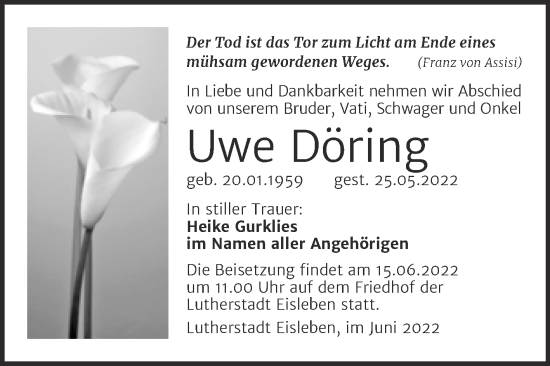 Traueranzeige von Uwe Döring von Trauerkombi Mansfelder Land