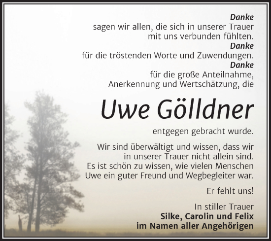 Traueranzeige von Uwe Gölldner von Trauerkombi Merseburg