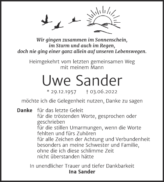 Traueranzeige von Uwe Sander von Trauerkombi Bernburg