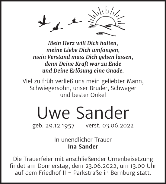 Traueranzeige von Uwe Sander von Trauerkombi Bernburg