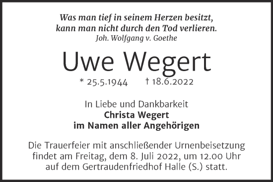 Traueranzeige von Uwe Wegert von Mitteldeutsche Zeitung Halle/Saalkreis