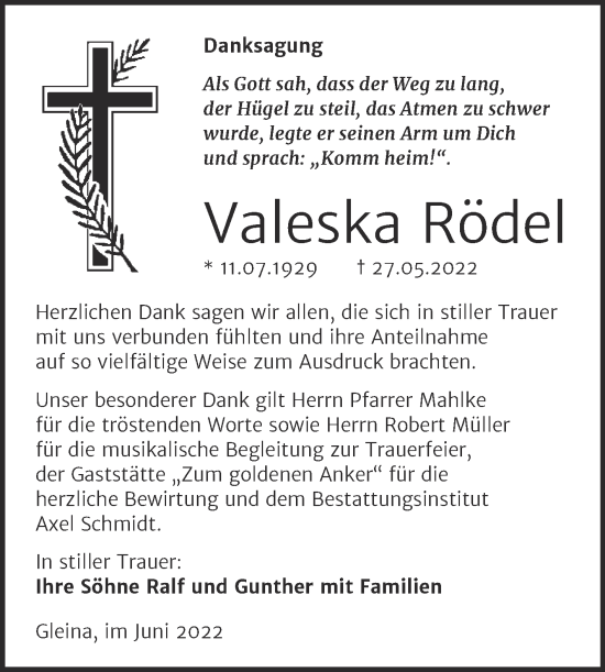 Traueranzeige von Valeska Rödel von Wochenspiegel Naumburg/Nebra