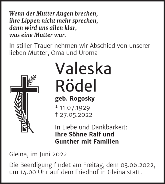 Traueranzeige von Valeska Rödel von Wochenspiegel Naumburg/Nebra