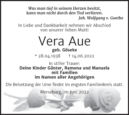 Traueranzeige von Vera Aue von Trauerkombi Merseburg