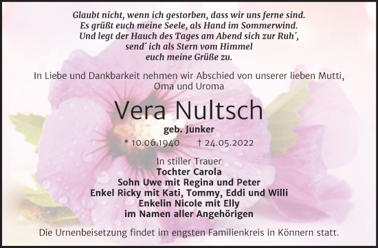 Traueranzeige von Vera Nultsch von Trauerkombi Bernburg