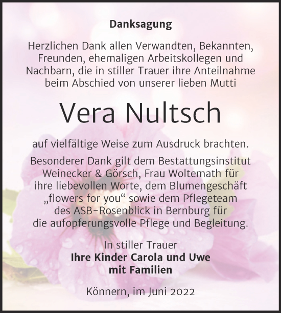 Traueranzeige von Vera Nultsch von Trauerkombi Bernburg