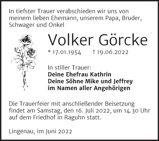 Traueranzeige von Volker Görcke von Trauerkombi Bitterfeld